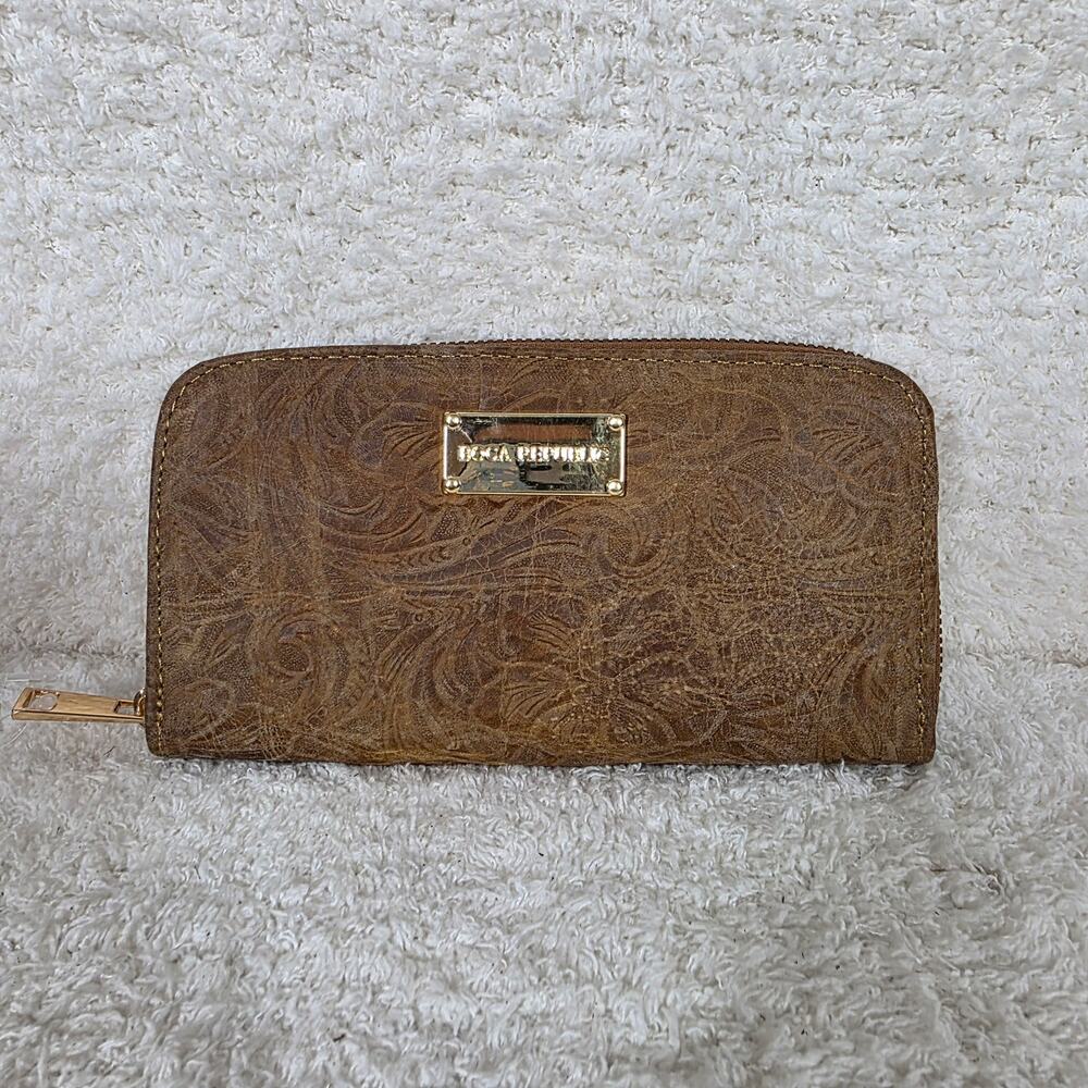 Mexican Handmade Floral Embossed Distressed Golden Brown Leather Wallet